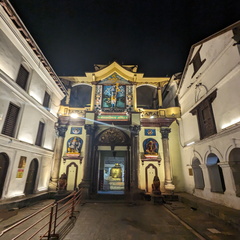 A brightly lit temple gate
