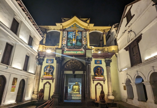 A brightly lit temple gate